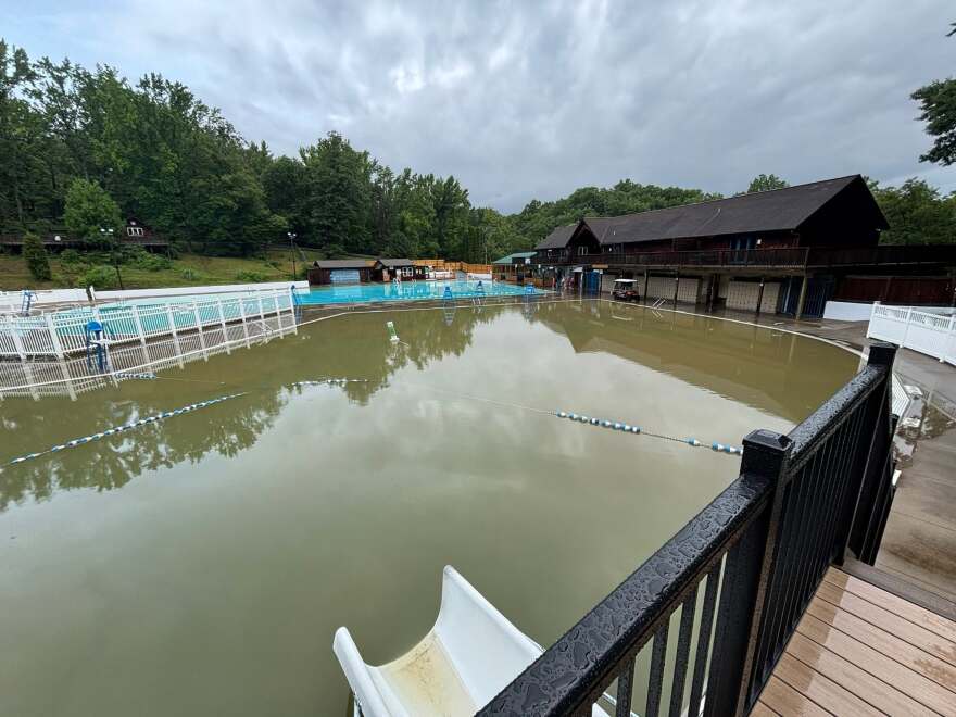 Heavy rain flooded the swimming pools at Burdette Park, Sunday, June 28, 2026.