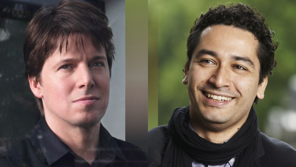 A collage of the two artists against leafy green backgrounds. Joshua Bell smolders at the camera, and Andrés Orozco-Estrada looks off camera and smiles widely.