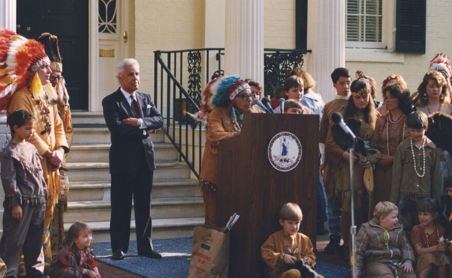 L. Douglas Wilder receives tribute from Chief Webster Custalow of the Mattaponi Tribe in front of the Executive Mansion during his term as governor (1990–1994).