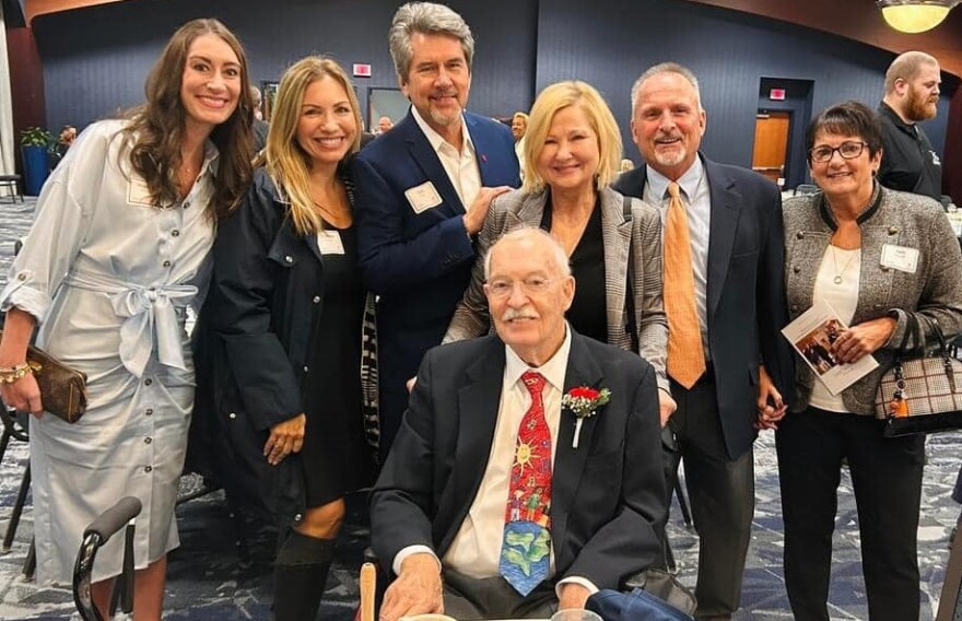 Jim Scott at the Salvation Army awards luncheon Oct. 19, 2023, with (from left) Stephanie Treadway, Amanda Orlando, Chris O'Brien, Janeen Coyle (all from Cumulus radio), former Bengals kicker Jim Breech and an unidentified woman.