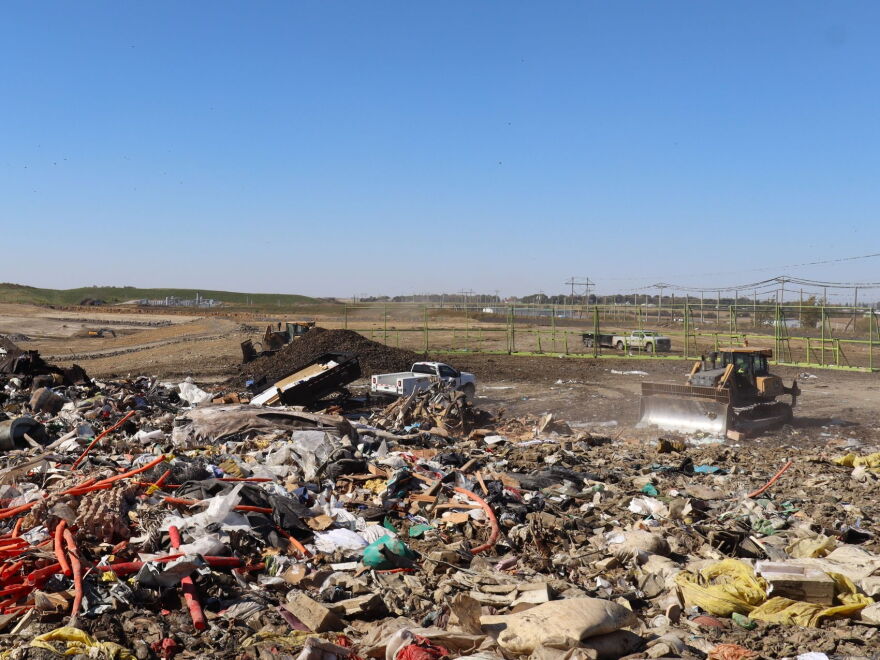 A truck drops construction debris at the Black Hawk County Sanitary Landfill on Oct. 20. The landfill has capacity to grow at its current location even as other facilities in Iowa are beginning to fill.