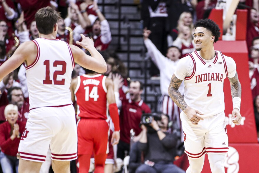 Indiana's Jalen Hood-Schifino is all smiles after scoring against Ohio State Saturday night.