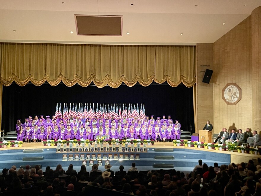 Seniors gather in North Summit's purple robes before an audience of friends, family and school staff May 20, 2024.
