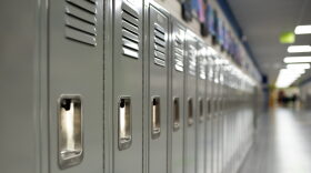 A view down an empty hallway in a Tulsa school.