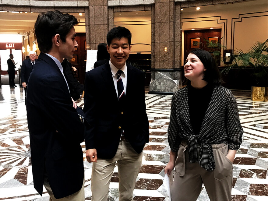 Students from Ridgefield High School, Lane Murdock (right), Paul Kim (center), and Max Cumming (left), visited Hartford on February 23 to discuss '#nationalwalkout' in response to gun violence.