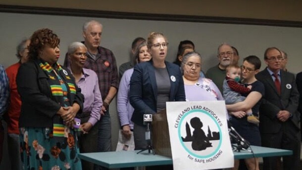 Rebecca Maurer speaks at a Cleveland Lead Advocates for Safe Housing (CLASH) press conference in 2019.