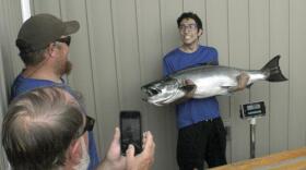 In a photo from Saturday, Aug. 7, 2021, Louis Martinez, 19, of Ortonville, holding a new Michigan state record Chinook salmon, smiles as he looks over to Icebreaker Charters Capt. Bobby Sullivan, top left, outside Captain Chuck's II in Ludington, Mich. Martinez and his family chartered with Sullivan and caught the 47.86-pound, 47 1/2-inch Chinook salmon off of Big Sable Point on Lake Michigan.