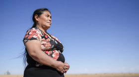 Daniela Manea poses for a photo outside her home in Guymon, Okla., on Sunday, April 12, 2026. On the night of Aug. 5, 2023 at 3:39 P.M. DA drug task force officer Eldon Len Halliburton and Juan Mejia-Garcia’s vehicles collided on Highway 412, mile 33 in Guymon resulting in the death of Juan Mejia-Garcia (49) and Petronila Mejia-Ramos (8). Daniela Manea who was in the car with Juan and Petronila during the time of the incident was severely injured.