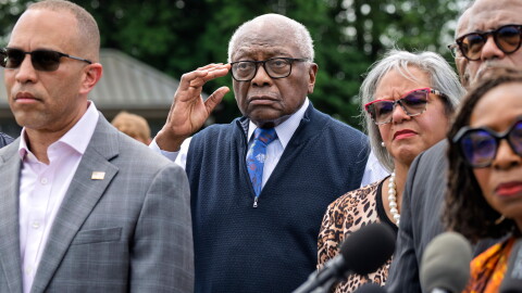 FILE - Rep. Jim Clyburn, D-S.C., center, joined by House Minority Leader Hakeem Jeffries, D-N.Y., left, stands with members of the Congressional Black Caucus during an event outside the Capitol in Washington, May 19, 2026. (AP Photo/J. Scott Applewhite, File)