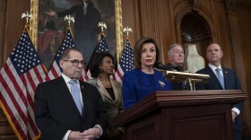 Speaker of the House Nancy Pelosi, D-Calif., joined from left by House Judiciary Committee Chairman Jerrold Nadler, D-N.Y., House Financial Services Committee Chairwoman Maxine Waters, D-Calif., House Ways and Means Committee Chairman Richard Neal, D-Mass., and House Intelligence Committee Chairman Adam Schiff, D-Calif., unveils articles of impeachment against President Donald Trump, abuse of power and obstruction of Congress. (J. Scott Applewhite/AP)