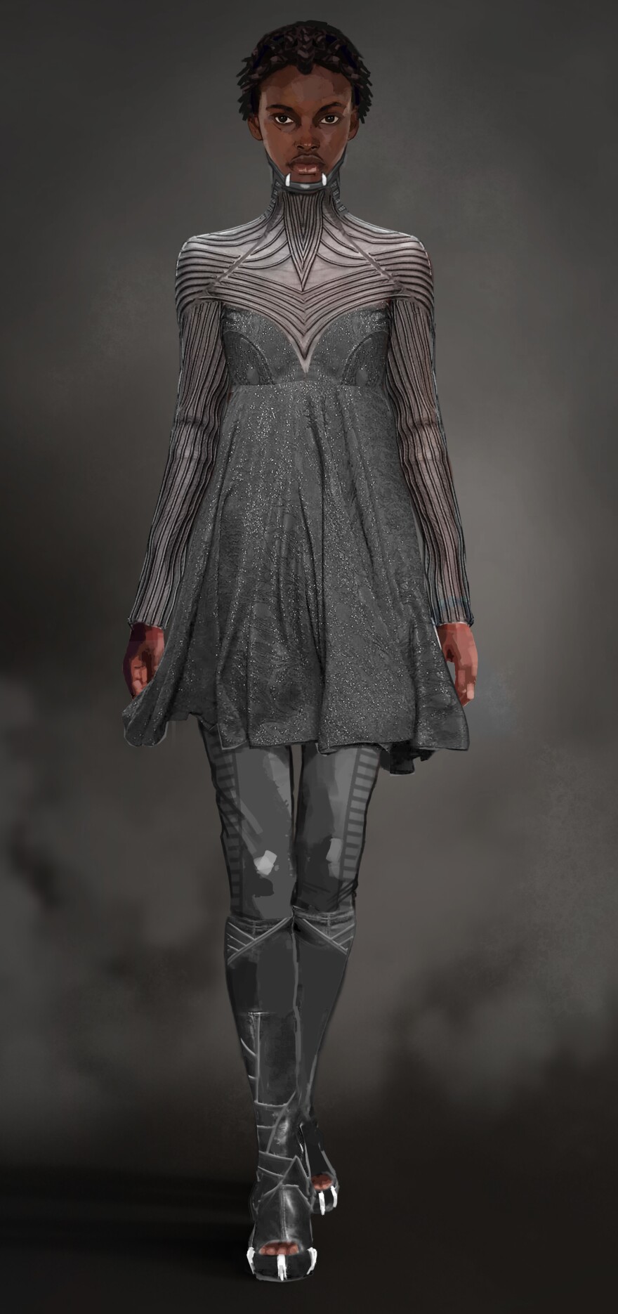 T'Challa's sister Shuri wears a more modern silhouette.