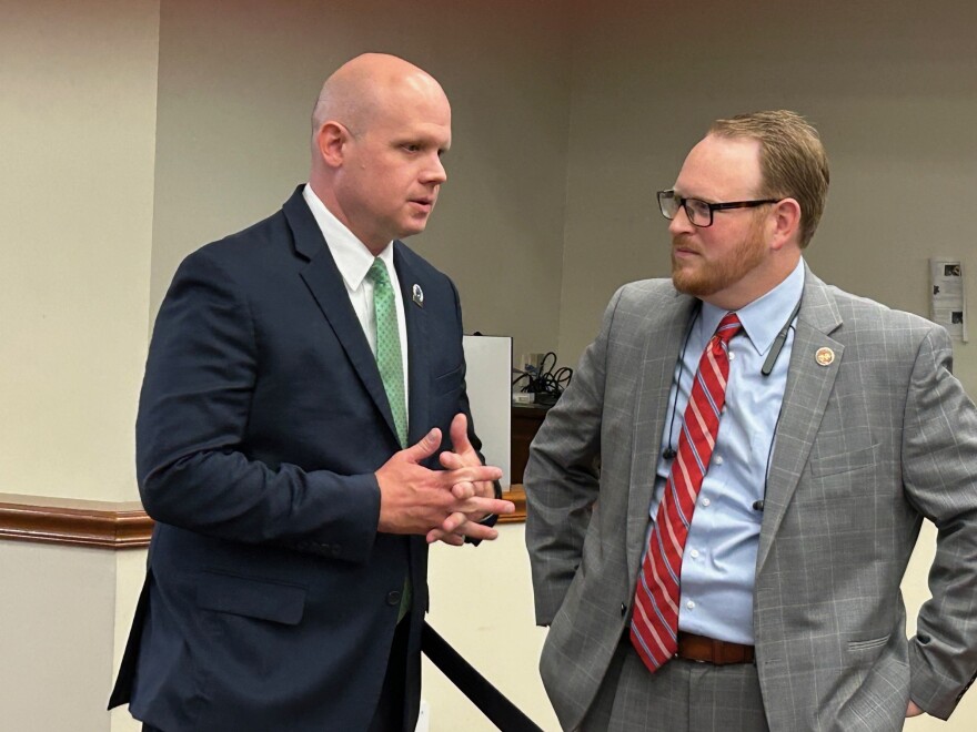 SC Department of Transportation Secretary Justin Powell (left) talks with Rep. Steven Long, R-Spartanburg, at the first meeting of the Department of Transportation Modernization Ad Hoc Committee on Aug. 20, 2025
