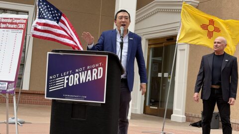Former presidential candidate Andrew Yang and state NM Forward Party Chair Bob Perls stood outside the Roundhouse on April 10, 2026, to announce the creation of the New Mexico Forward Party.