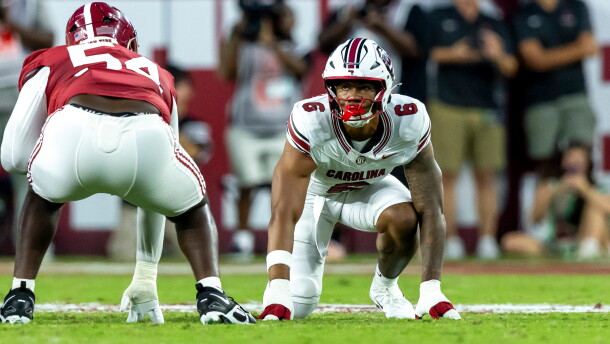 FILE - South Carolina defensive end Dylan Stewart (6) lines up against Alabama during the first half of an NCAA college football game, Sept. 26, 2026, in Tuscaloosa, Ala. (AP Photo/Vasha Hunt, File)