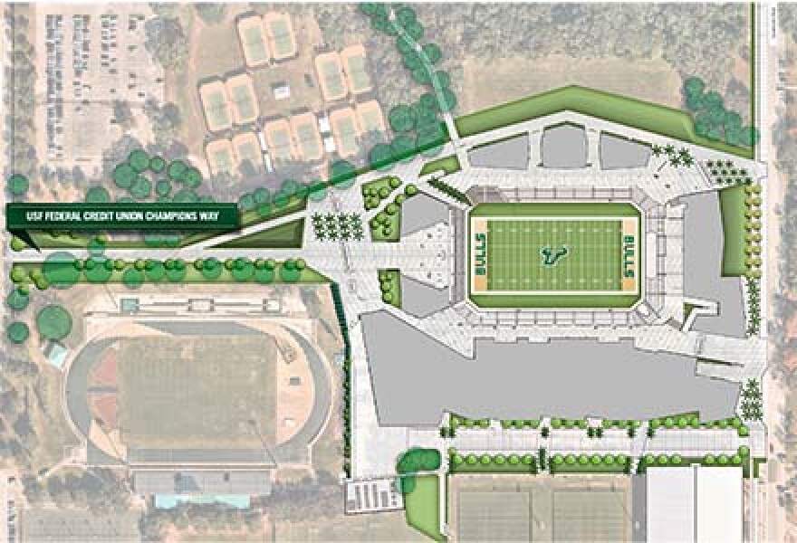 Drawing shows the stadium with adjacent facilities