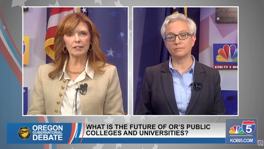 Republican state Sen. Christine Drazan (left) and Democratic Gov. Tina Kotek (right) pictured in a screenshot from the KOBI5 livestream of an Oct. 7, 2026 debate in Medford.