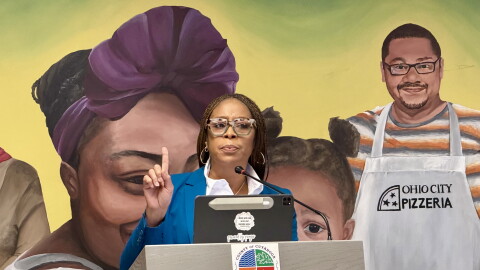 Rep. Shontel Brown (D-Cleveland) speaking at a news conference in Cuyahoga County