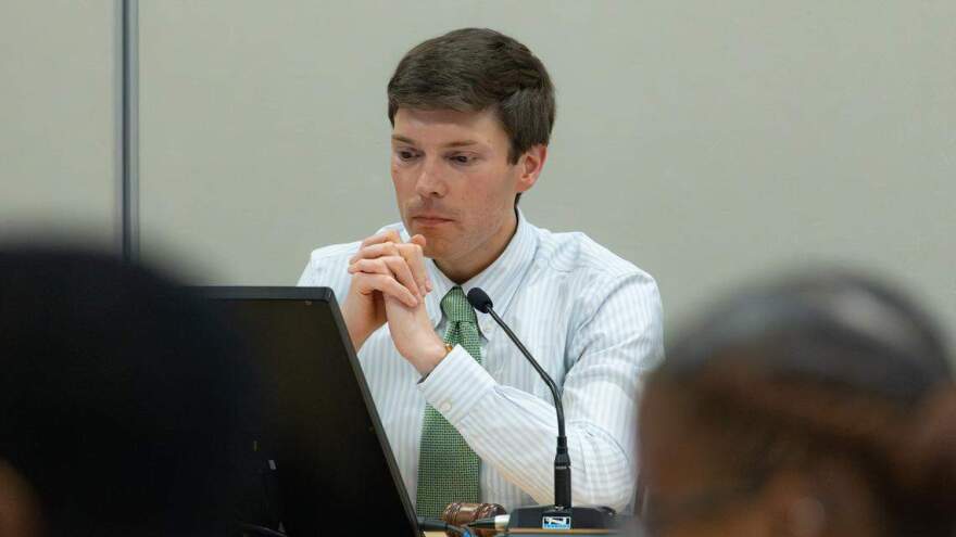 Chair of the Fayette County Board of Education, Tyler Murphy, during a Fayette County Board of Education meeting on April 16, 2026, in Lexington, Ky.