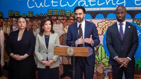 New York City Mayor Zohran Kwame Mamdani, Gov. Kathy Hochul and Schools Chancellor Kamar Samuels appear at an even in Queens on May 19, 2026.