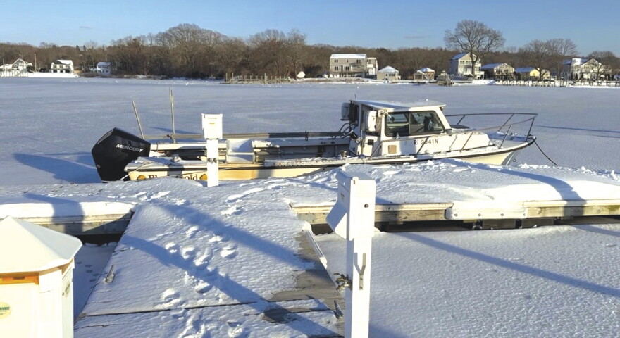 Jody King secured his boat at the end of a Warwick Cove dock with plans of quahogging afterthe Jan. 25 snowstorm. But subfreezing temperatures have dominated in recent weeks, freezing over the cove and much of Greenwich Bay and leaving him and a large portion of the state’s shellfishing fleet locked in.