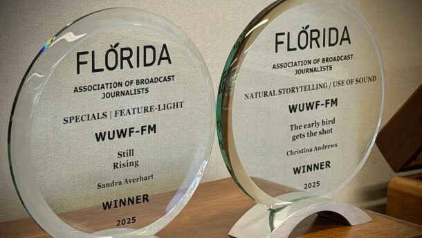 First-place awards from the Florida Association of Broadcast Journalists for WUWF's Sandra Averhart, left, and Christina Andrews, right