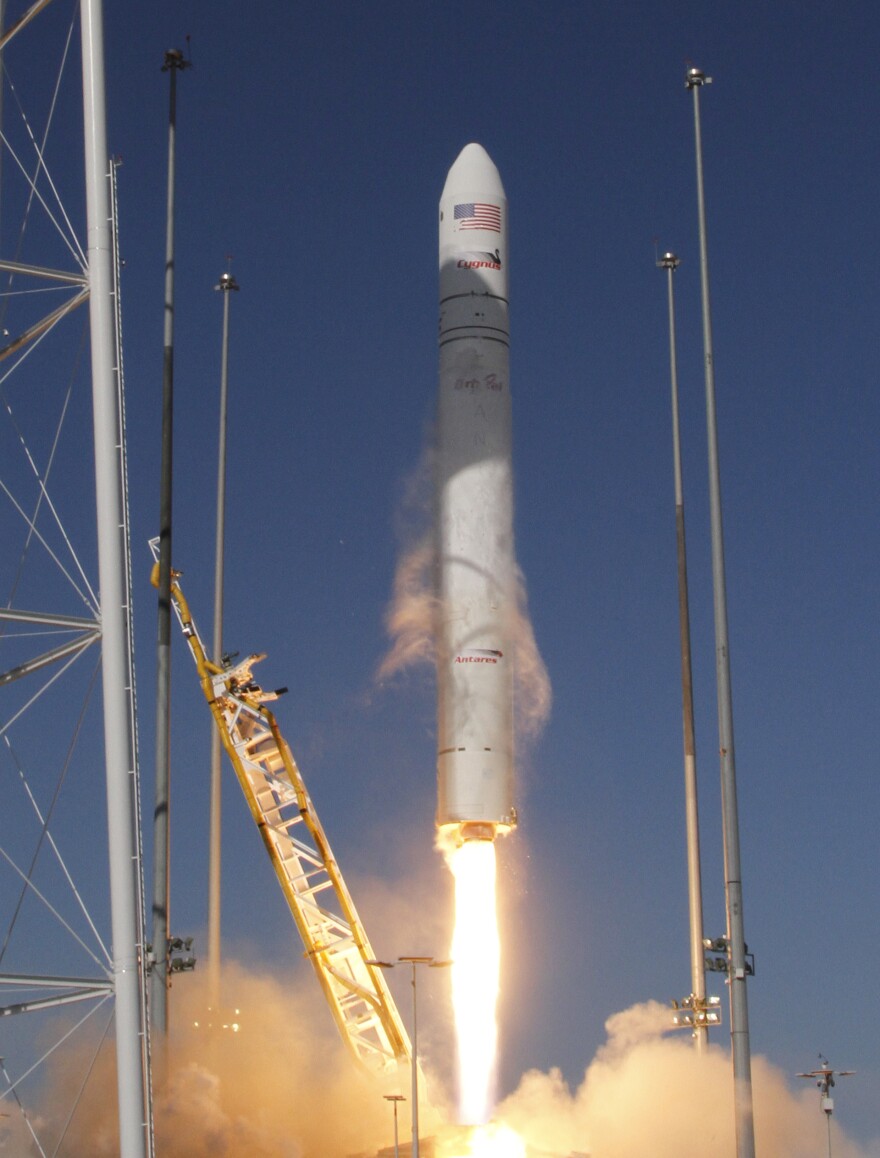 Orbital Sciences Corp.'s Antares rocket lifts off at   Wallops Island, Va., in April of last year. The Antares uses a pair of Russian-made NK-33 rocket engines that Moscow says it will stop supplying for military launches.