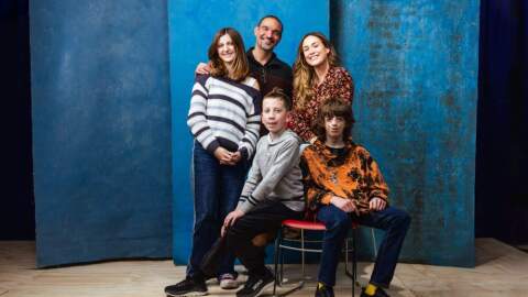 Front row: Max Voehl and Garrett McNally both portray Auggie Pullman. Back row: Kaylin Hedges, Javier Muñoz and Alison Luff play the other members of the Pullman family in A.R.T.'s world-premiere production of "Wonder." (Courtesy Nile Scott Studios)