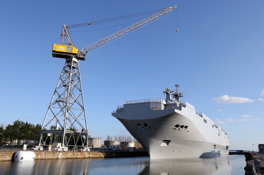 The Vladivostok leaves the harbor of St. Nazaire, a major shipbuilding center, for a test run in the open sea on March 5.