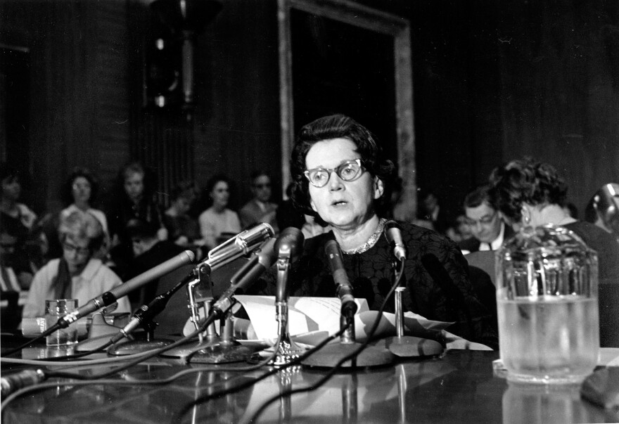 <em>Silent Spring</em> author Rachel Carson testifies before a Senate panel on pesticides in 1963.