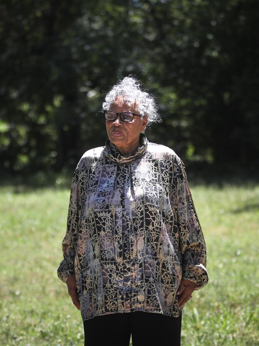 Opal Lee stands in front of the East Annie Street lot where white rioters attacked, invaded and burned her family's home in Fort Worth, Texas, in 1939.