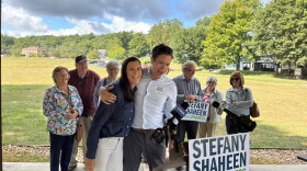 Christian Urrutia (center) endorsed former rival Stefany Shaheen in the Democratic primary for New Hampshire's 1st Congressional District at an event in Merrimack, Sunday, Sept. 6, 2026.