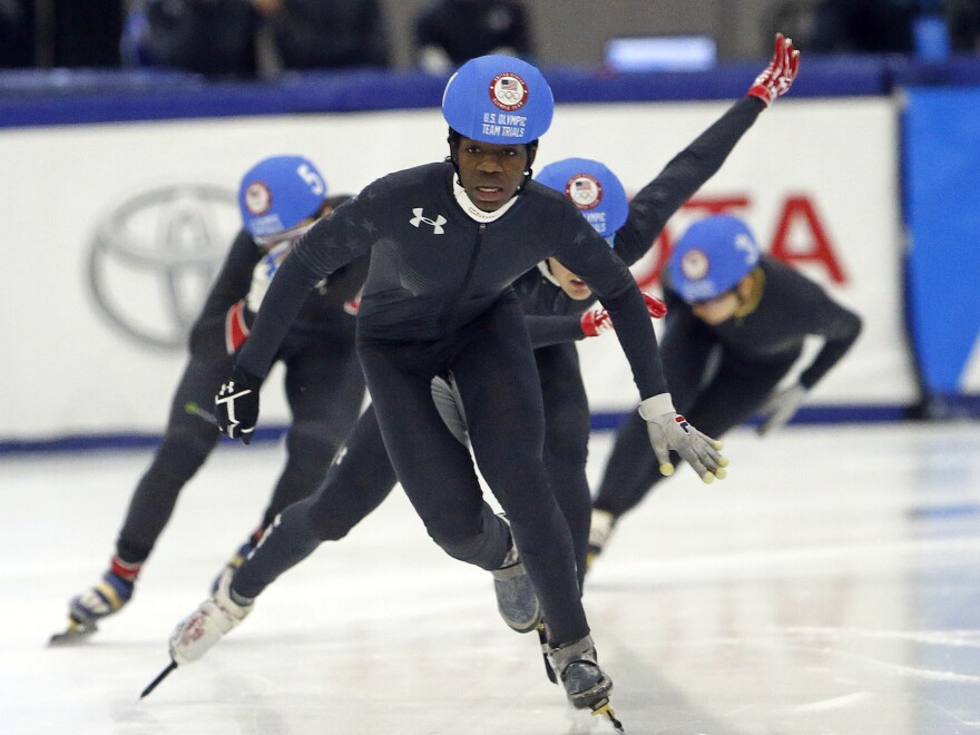 Maame Biney of Reston, Va., races to finish during the women's 500-meter final A during the U.S. Olympic short track speedskating trials in December. She is the first African-American woman to qualify for a U.S. Olympic speedskating team.