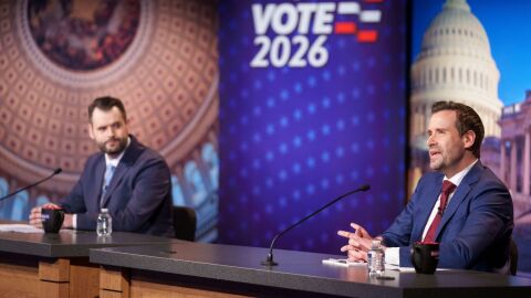 U.S. Senate candidates Josh Turek, right, and Zach Wahls debate at Iowa PBS, May 5, 2026, in Johnston.
