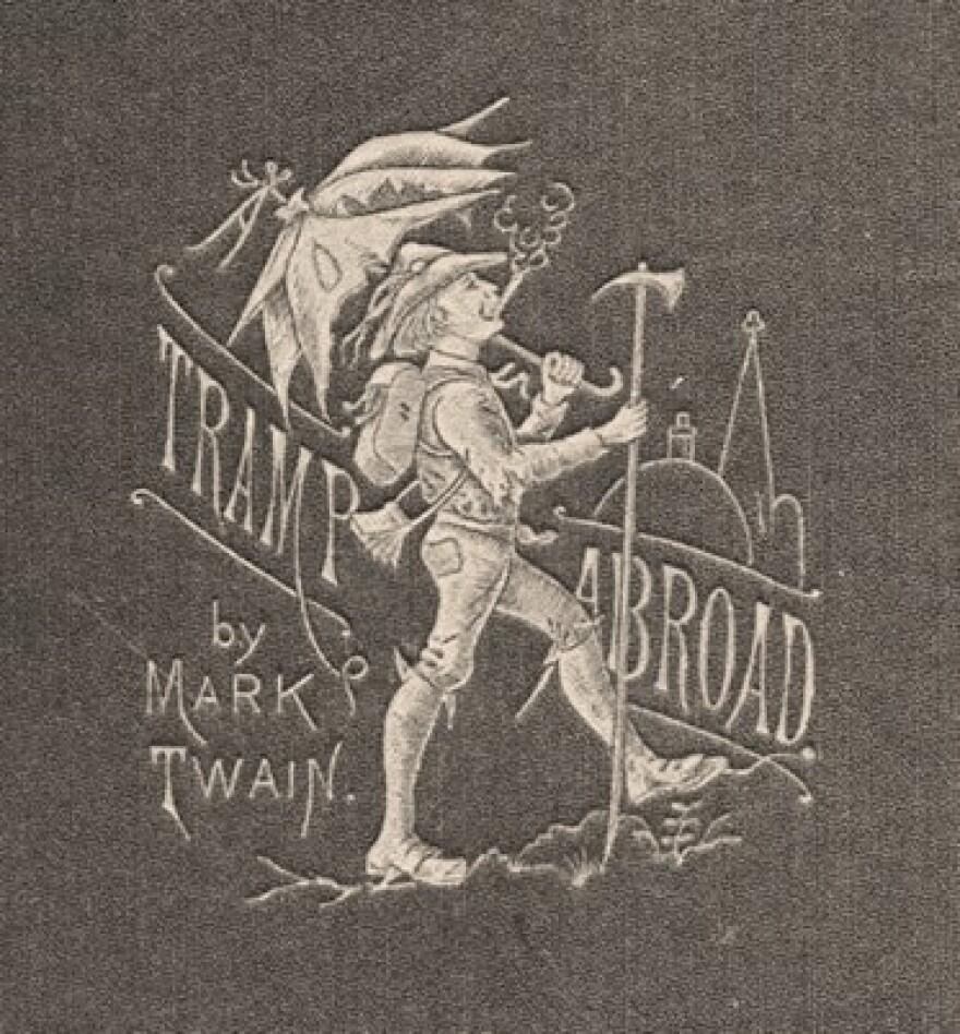 Mark Twain's "A Tramp Abroad" book cover featuring an illustration of a man walking