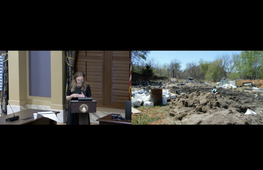 Madison Miller, Oklahoma Department of Environmental Quality's deputy director, presents photos of abandoned marijuana grow operations to lawmakers at the state capitol.