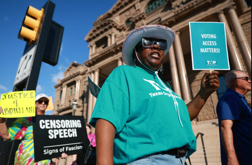 Demonstrators rally outside the Tarrant County Courthouse on Sept. 1, 2026, in Fort Worth.