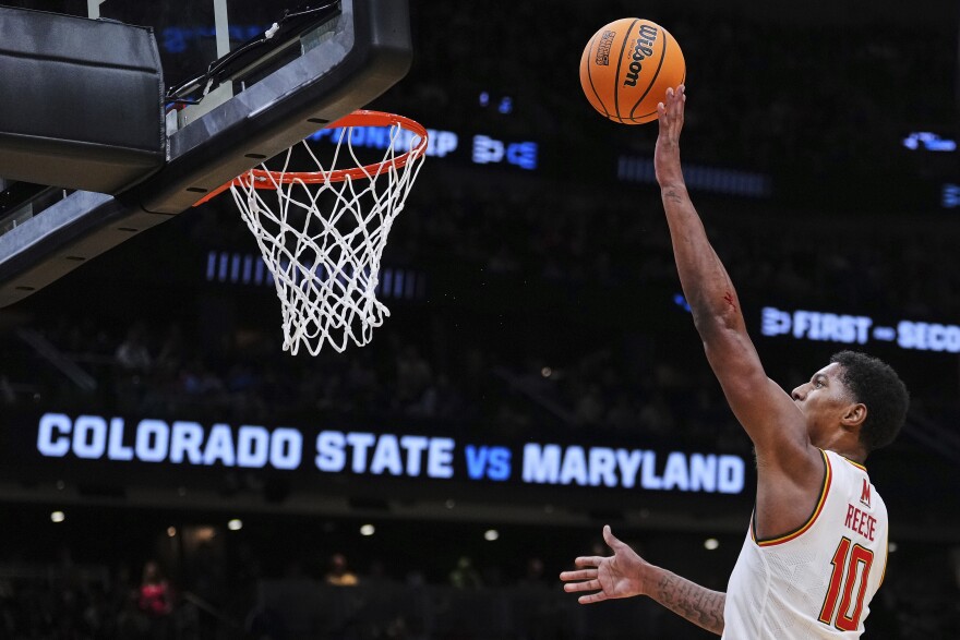 Maryland forward Julian Reese makes a basket against Colorado State during the second half in the second round of the NCAA college basketball tournament Sunday, March 23, 2025, in Seattle. (AP Photo/Lindsey Wasson)