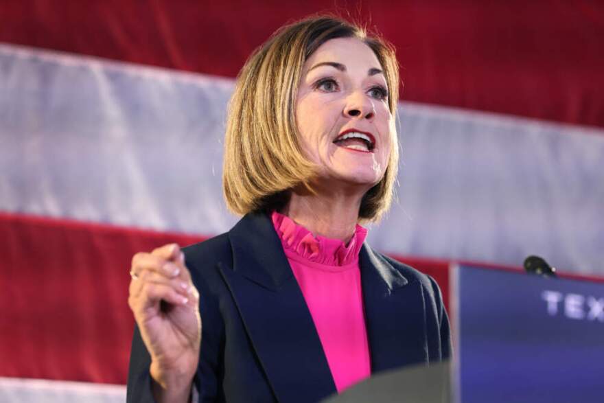 Iowa Gov. Kim Reynolds speaks at a rally hosted by Florida Governor Ron DeSantis on Nov. 06, 2023 in Des Moines, Iowa. (Scott Olson/Getty Images)