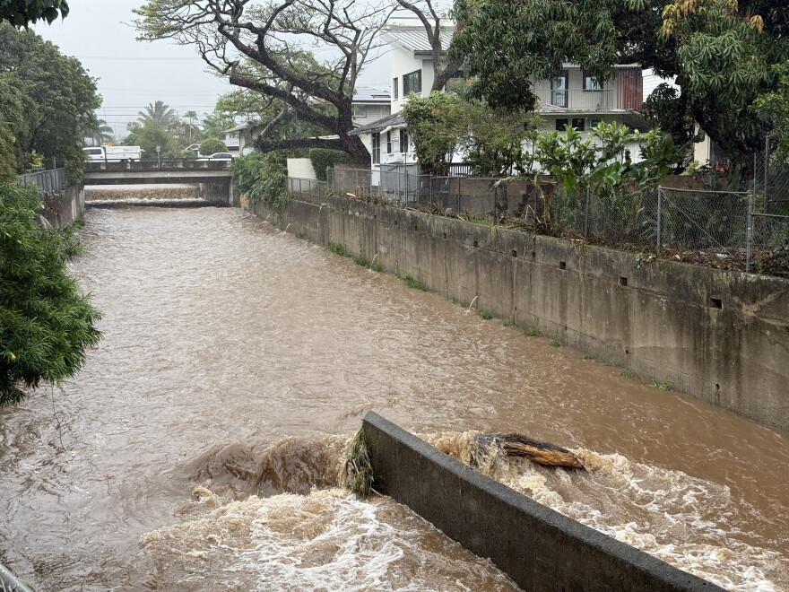 Water rushes down Mānoa Stream, Oʻahu, on March 23, 2026.