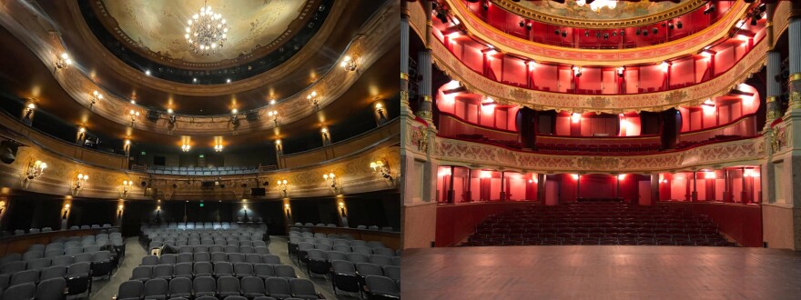 A view from the stage of the Skylight Music Theatre (left) in Milwaukee and the Théâtre de la Coupe d'Or in Rochefort, France (right).