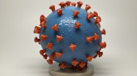 A 3D model of the novel coronavirus, with red spike proteins on the outside.