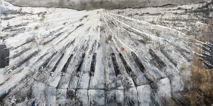 digital version of an oil painting that depicts, in abstract form, the keys of a piano in an arc, converging to a center point at the top of the frame