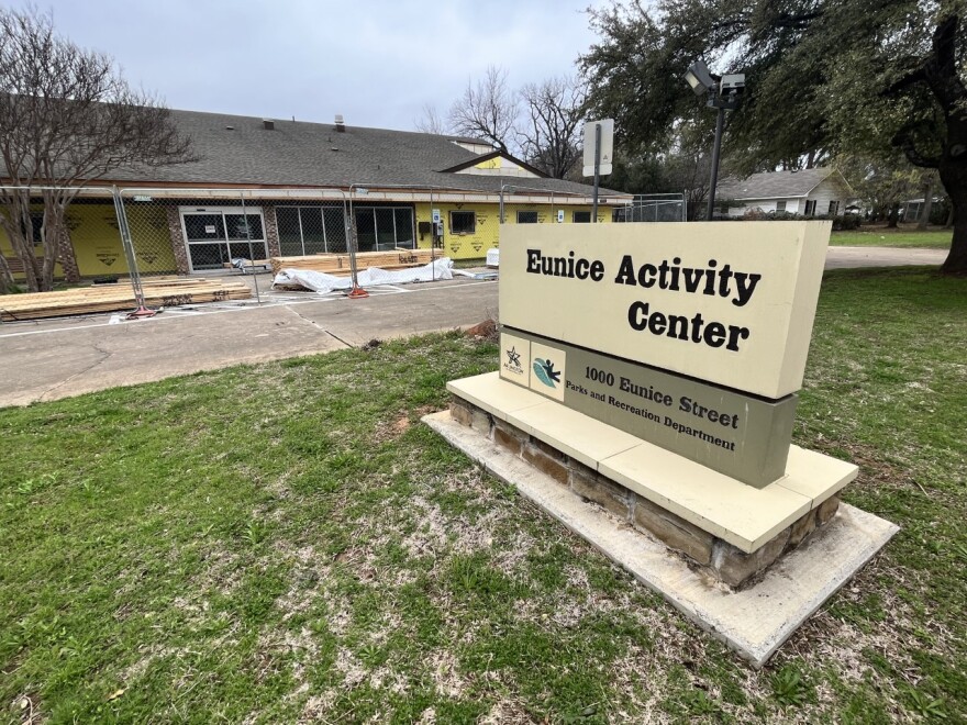 Eunice Activity Center sits at 1000 Eunice Street in Arlington. A chain link fence is set up around the building, which has construction materials surrounding it. Parts of its facade have yellow taping on it.