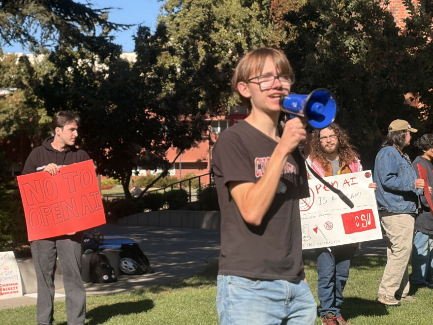 Members of Students for Quality Education protest outside the administration building on Oct. 14, 2026 at California State University, Chico in Chico, Calif.