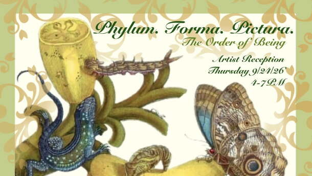 Poster for exhibit at Lizzard's Art Gallery; sepia tone image of bugs and plants