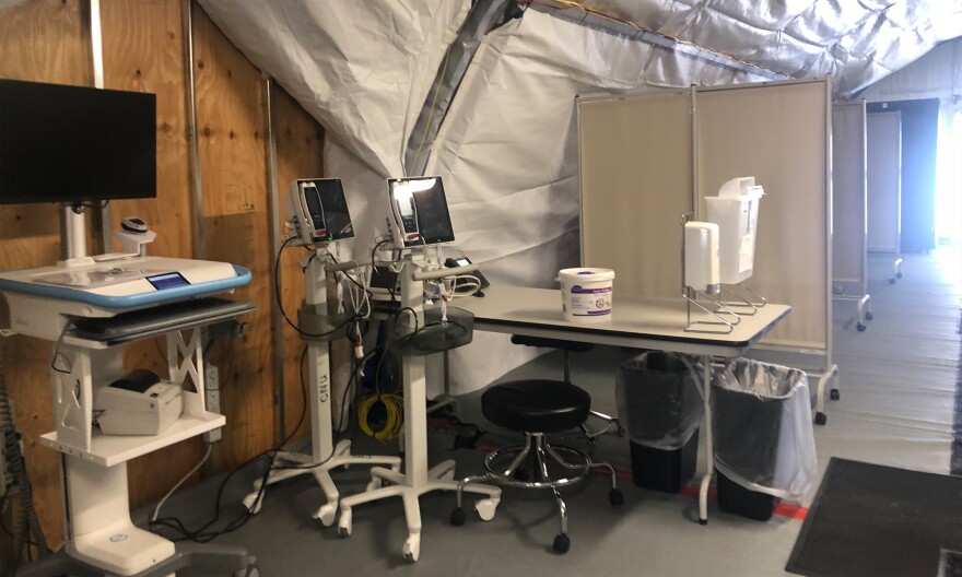 Medical equipment inside deployable medical facility at Renown Hospital.