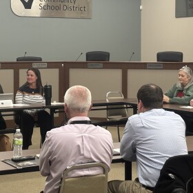 As the opening proposals by unionized Sioux City School District personnel were unveiled on February 25, 2026, the union personnel are shown at right and others pictured are school administrators. (Bret Hayworth, Siouxland Public Media News)