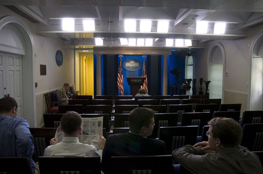 Helen Thomas sits at the front of the White House press briefing room in 2007