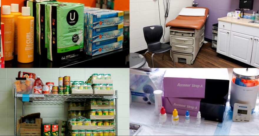 Four-panel collage showing community resources: top-left features stocked personal care products like shampoo and pads; top-right shows a clinical examination room with an exam table; bottom-left displays a metal wire shelf loaded with canned goods and baby food; bottom-right shows a medical testing station with Strep A test kits.