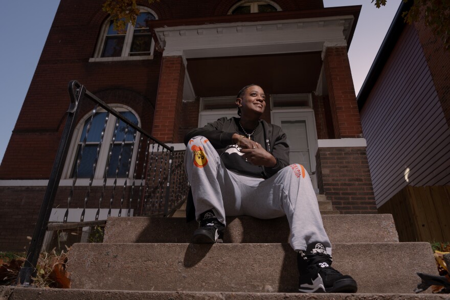 Bates outside of her family’s long-time home on Wednesday, Nov. 12, 2025, in St. Louis’ Compton Heights neighborhood.